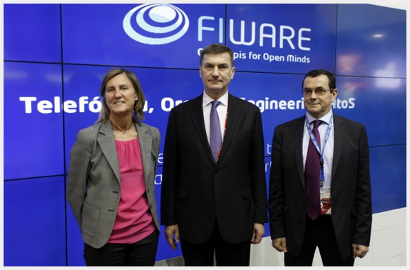 (L-R) Marieta Rivero, Chief Deputy Commercial Officer, Telefónica; Andrus Ansip, Vice-President responsible for Digital Single Market, European Commission; and Bruno Fabre, Executive Vice-President of Telcos, Media & Utilities, Atos Four global tech companies join new partnership to boost open source standards