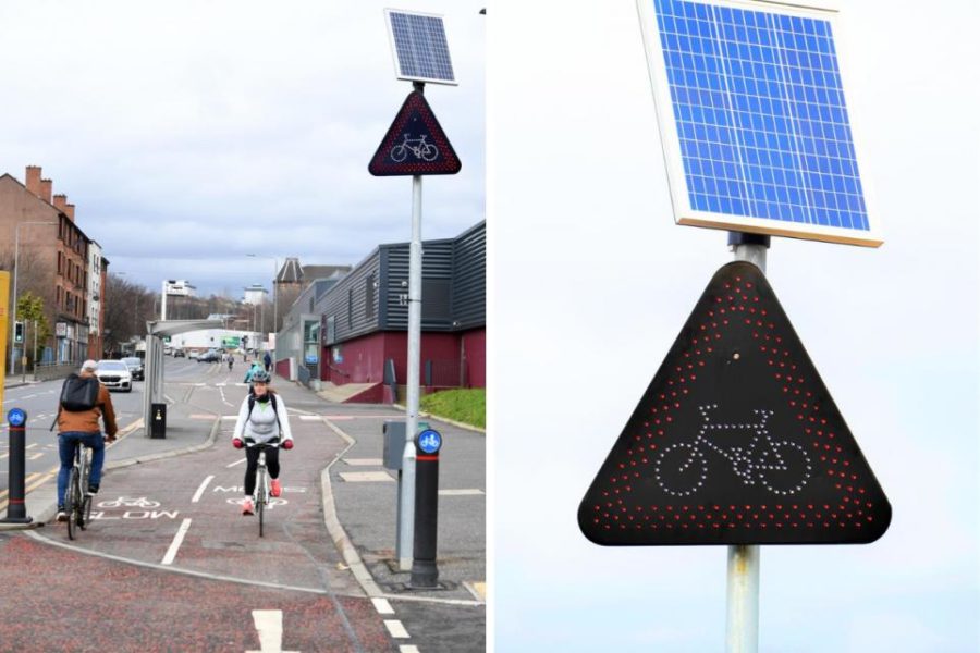 Glasgow expands 'UK first' cycleactivated safety signs Cities Today
